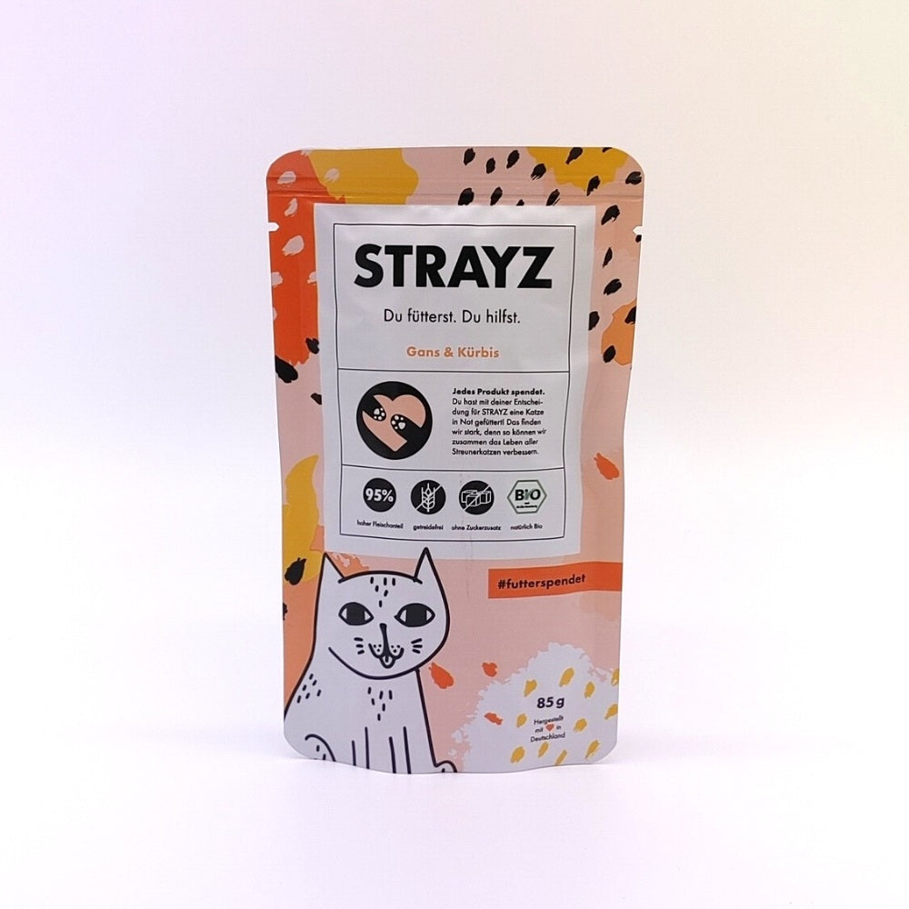 STRAYZ Bio-Katzenfutter - Gans & Kürbis | 85g Beutel | Nassfutter