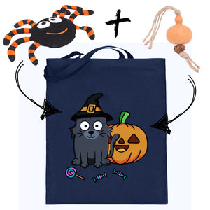 Knuddel die Katz' "Halloween-Paket" | 3-teiliges Set (Baumwoll-Tragetasche, Plüsch-Spielzeug, Zahnpflege-Spielzeug)