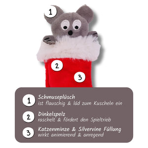 Katzenspielkissen "Stiefel-Mäuschen" | Weihnachtliches Plüsch-Katzenspielzeug mit Silvervine & Katzenminze