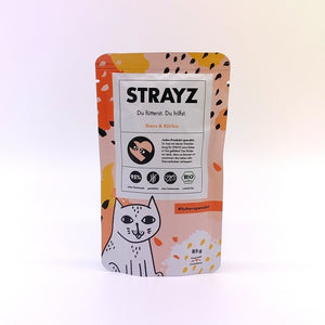 STRAYZ Bio-Katzenfutter - Probierpaket (Ente, Gans, Huhn, Lachs) | 4er-Pack | 85g Beutel